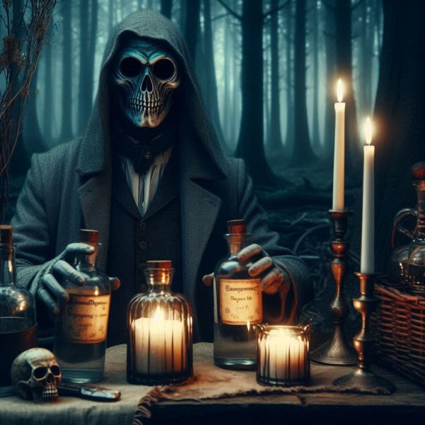 Skeleton holding Black Lodge Potion Bottles